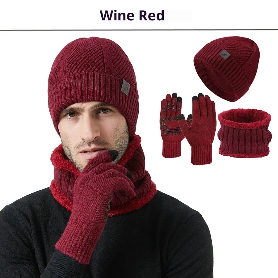Men's wool hat scarf gloves three-piece set in gray with English letter details, casual winter style