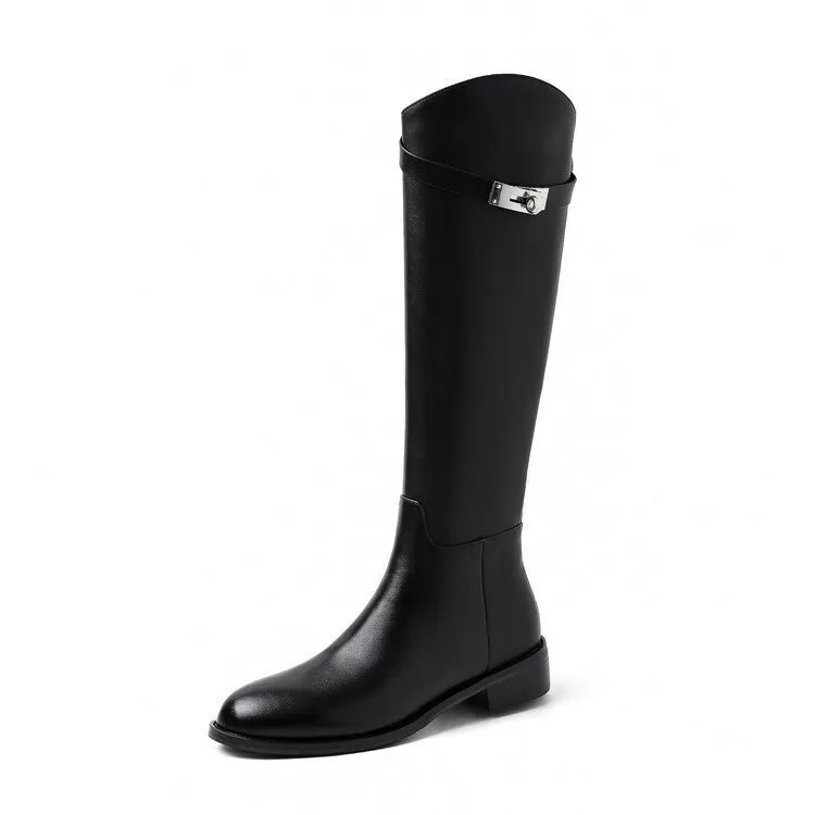 First layer cowhide below the knee boots with low heel and back zipper in black