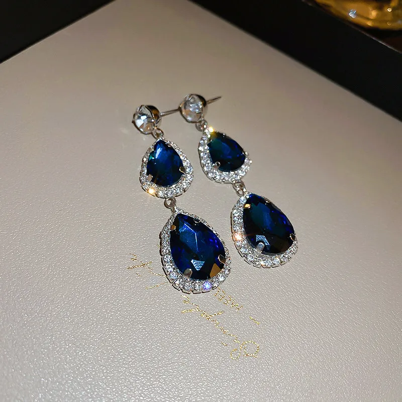 Silver needle water drop earrings and necklace set in blue with zircon pendants and diamond treatment