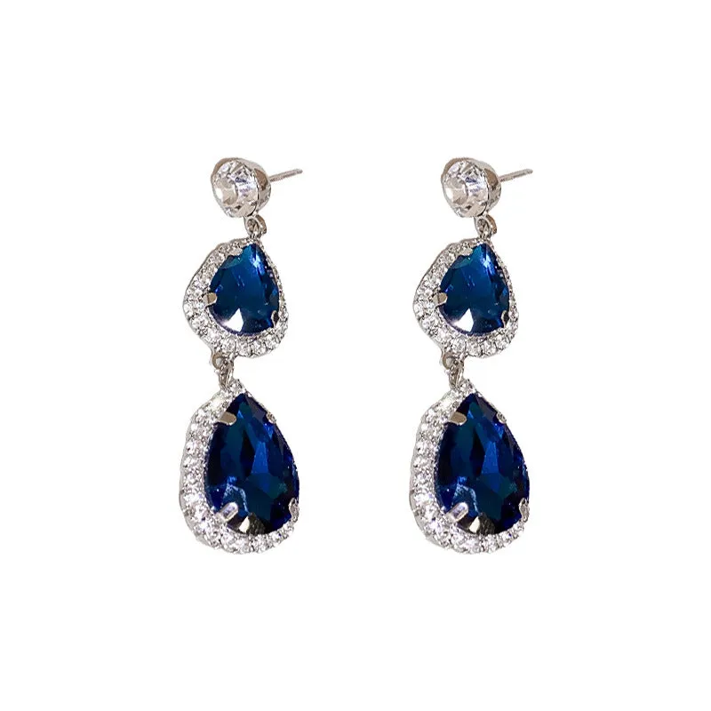 Silver needle water drop earrings and necklace set in blue with zircon pendants and diamond treatment