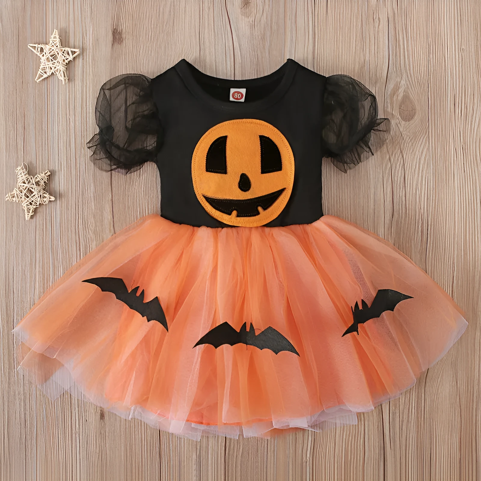 Orange short-sleeved Halloween tutu dress with pumpkin and bat print, polyester mesh, available in 80-120 cm heights