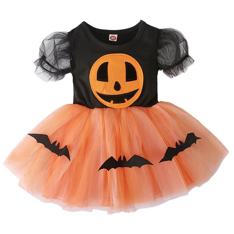 Orange short-sleeved Halloween tutu dress with pumpkin and bat print, polyester mesh, available in 80-120 cm heights