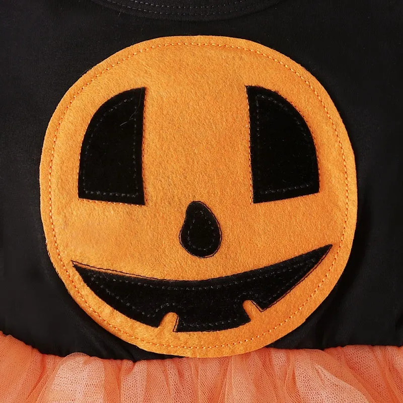 Orange short-sleeved Halloween tutu dress with pumpkin and bat print, polyester mesh, available in 80-120 cm heights