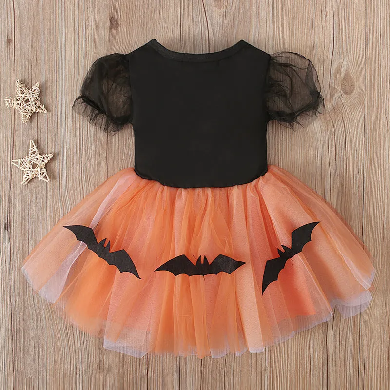 Orange short-sleeved Halloween tutu dress with pumpkin and bat print, polyester mesh, available in 80-120 cm heights