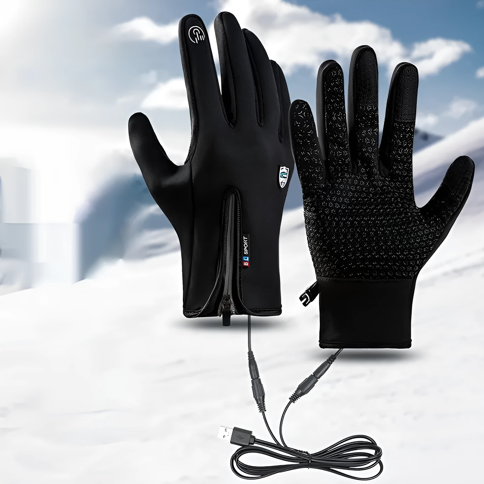 USB heated cycling gloves in black with reflective elements and non-slip palms for winter outdoor sports