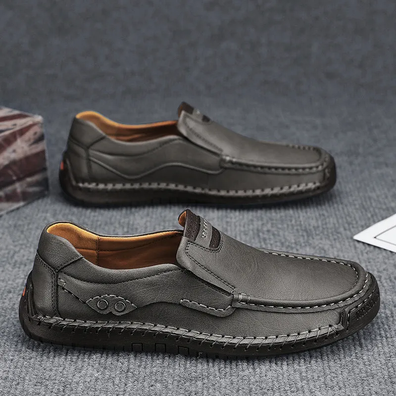 Handmade men's leather outdoor walking shoes, lace-up, flat rubber sole, available in black leather, sizes 38-48