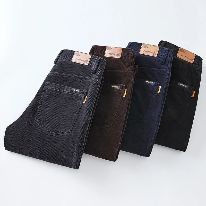 Slim fit straight corduroy trousers in black cotton fabric with mid waist, available in multiple sizes
