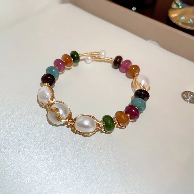 Baroque freshwater pearl zircon bracelet for women with geometric inlaid design and magnetic clasp