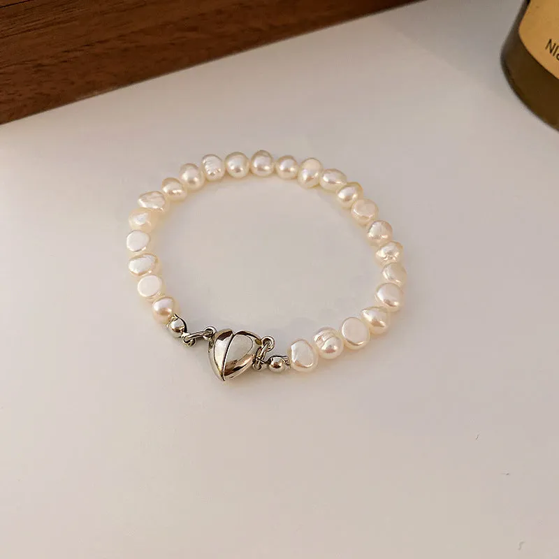 Baroque freshwater pearl zircon bracelet for women with geometric inlaid design and magnetic clasp