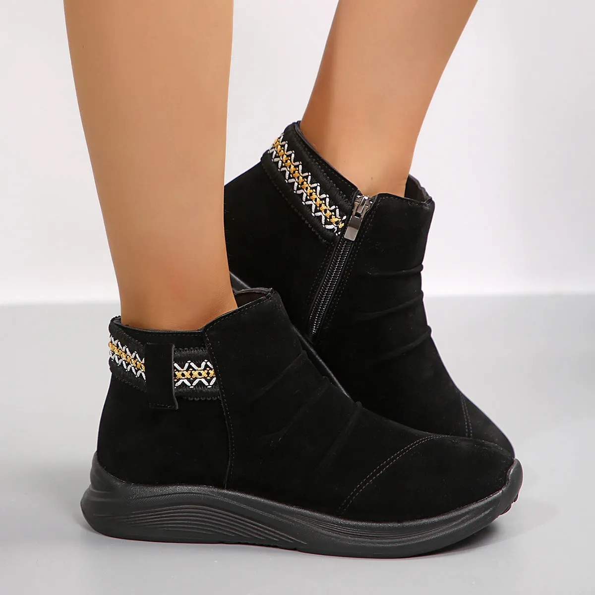 Women's frosted Martin boots round toe platform flat heel side zipper cowhide matte leather black