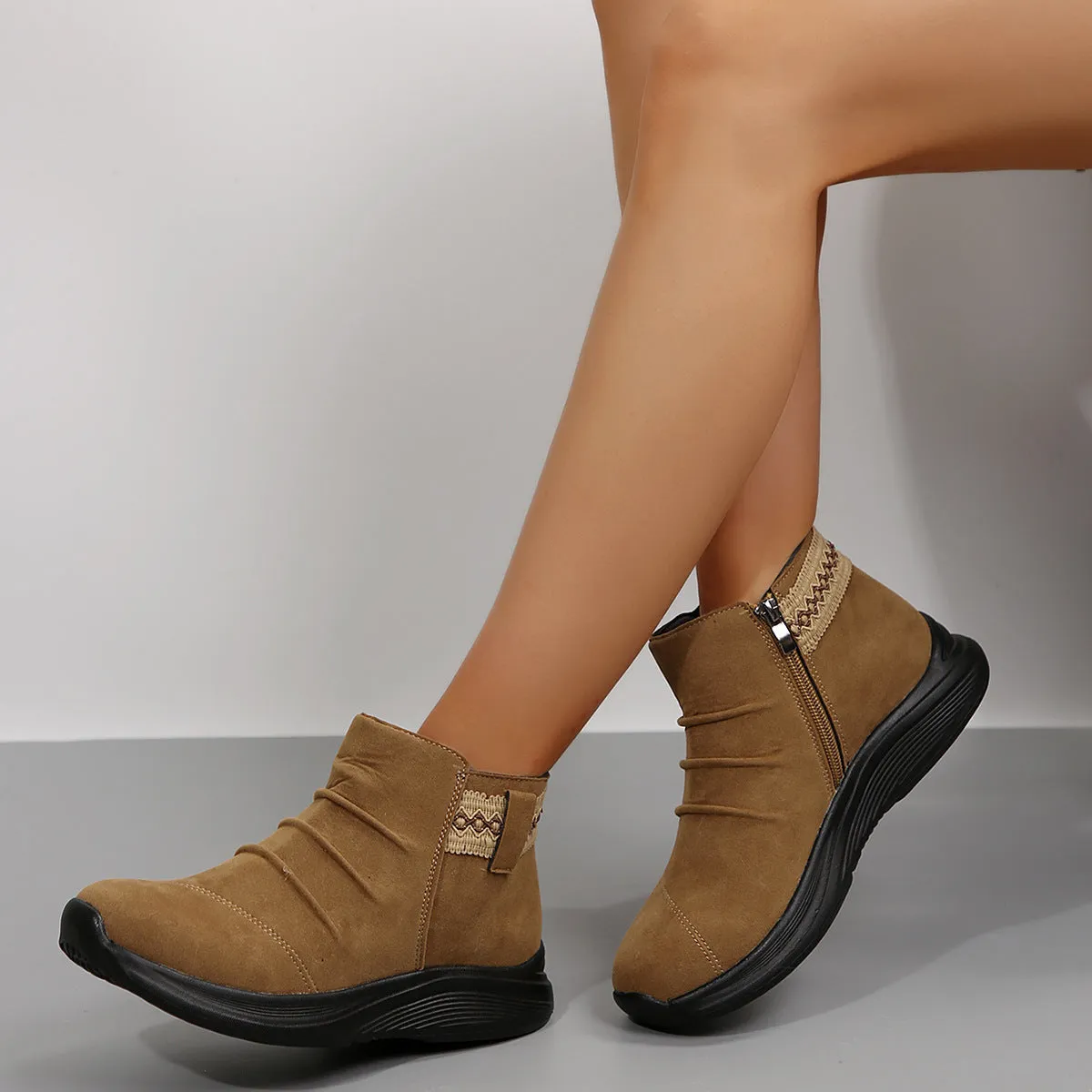 Women's frosted Martin boots round toe platform flat heel side zipper cowhide matte leather black