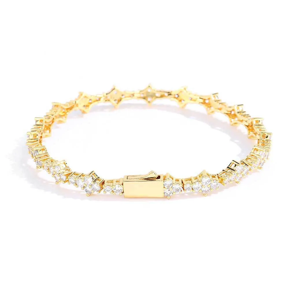 Copper hip hop bracelet with inlaid zircon in gold 6.5mm width geometric chain design