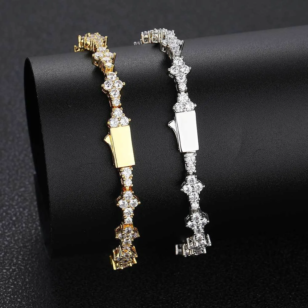 Copper hip hop bracelet with inlaid zircon in gold 6.5mm width geometric chain design