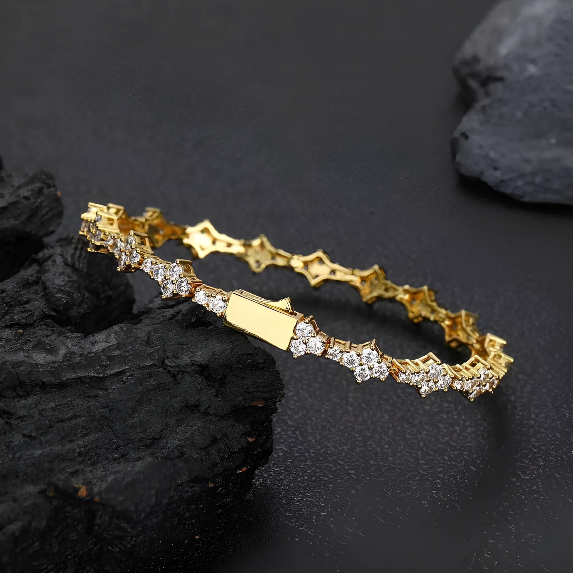 Copper hip hop bracelet with inlaid zircon in gold 6.5mm width geometric chain design