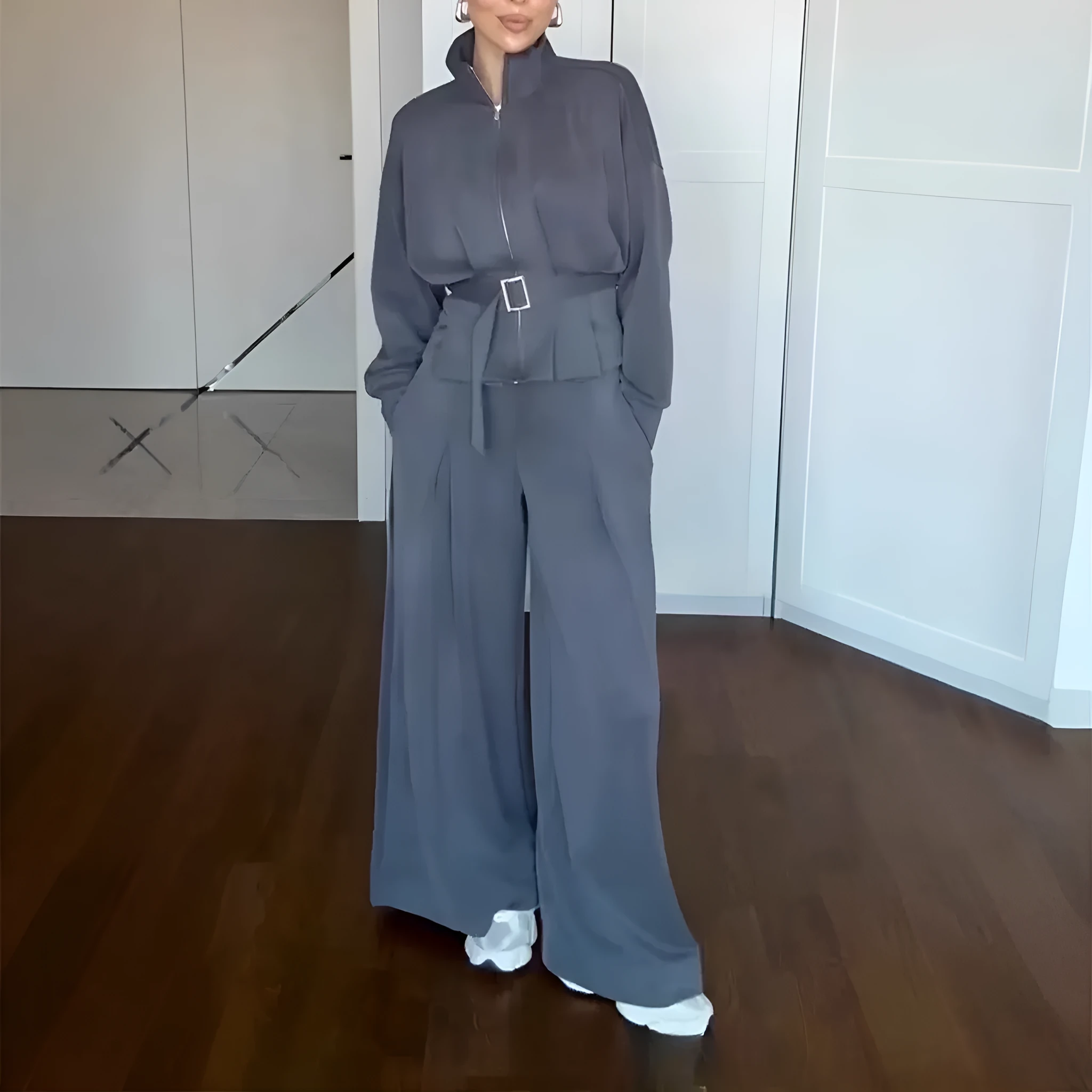 Women's casual suit set with stand collar zipper jacket and pants in navy blue, polyester fabric, belted waist