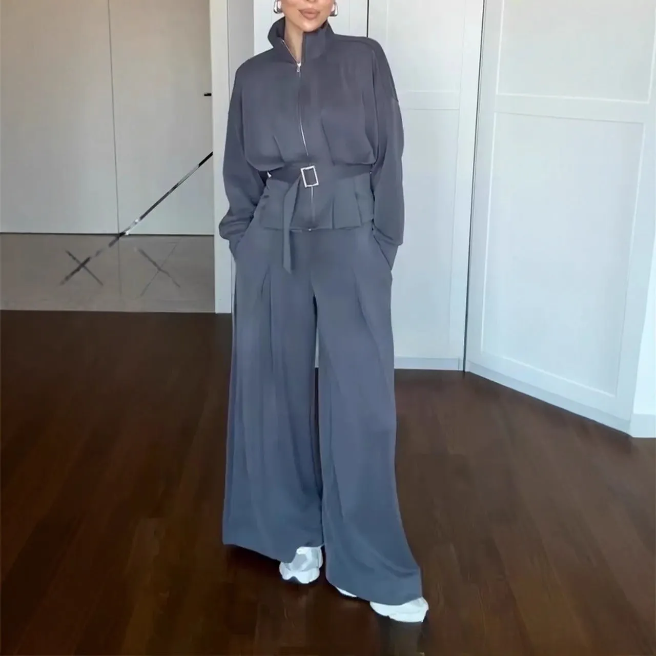 Women's casual suit set with stand collar zipper jacket and pants in navy blue, polyester fabric, belted waist