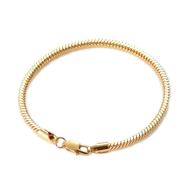Stainless steel snake chain bracelet in silver tone, geometric line design with electroplated finish