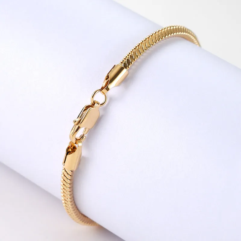 Stainless steel snake chain bracelet in silver tone, geometric line design with electroplated finish