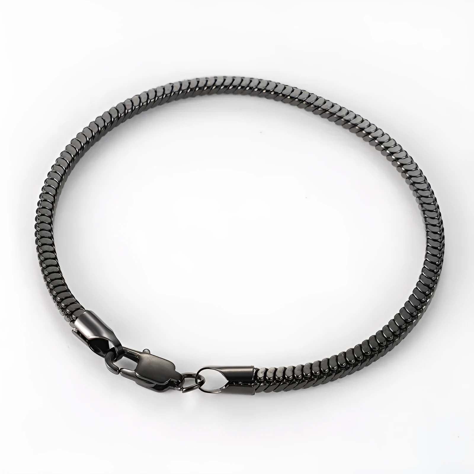 Stainless steel snake chain bracelet in silver tone, geometric line design with electroplated finish