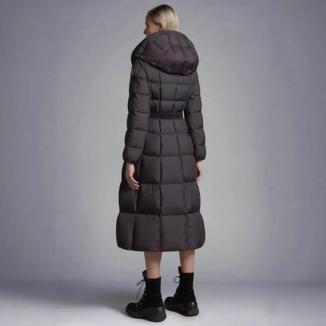 Long casual hooded black white duck down jacket for women, A-line version, medium length 65cm