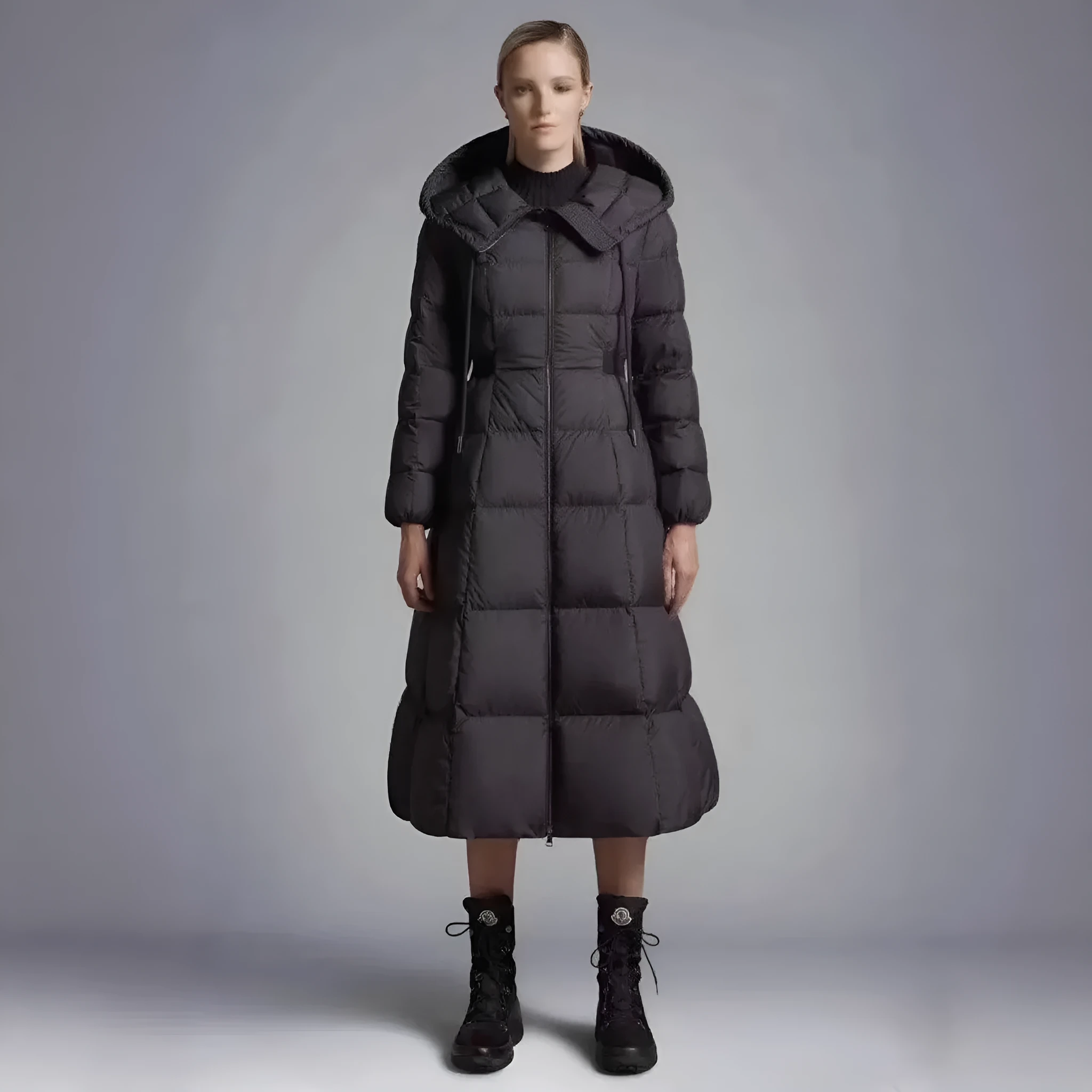 Long casual hooded black white duck down jacket for women, A-line version, medium length 65cm