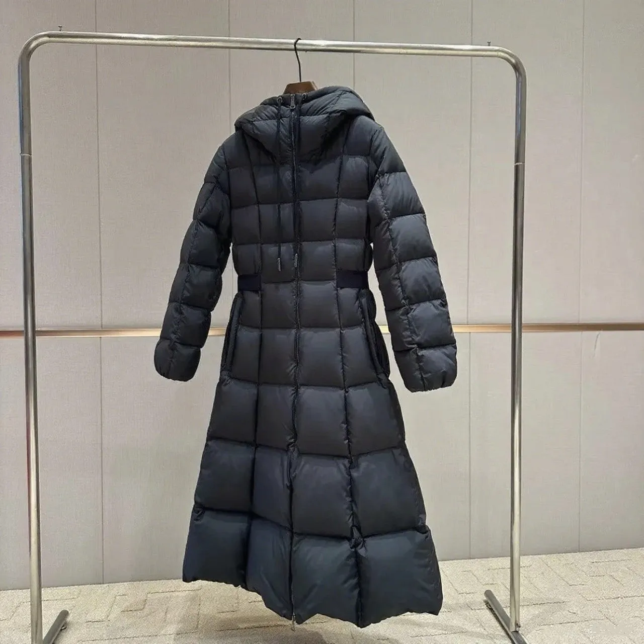 Long casual hooded black white duck down jacket for women, A-line version, medium length 65cm