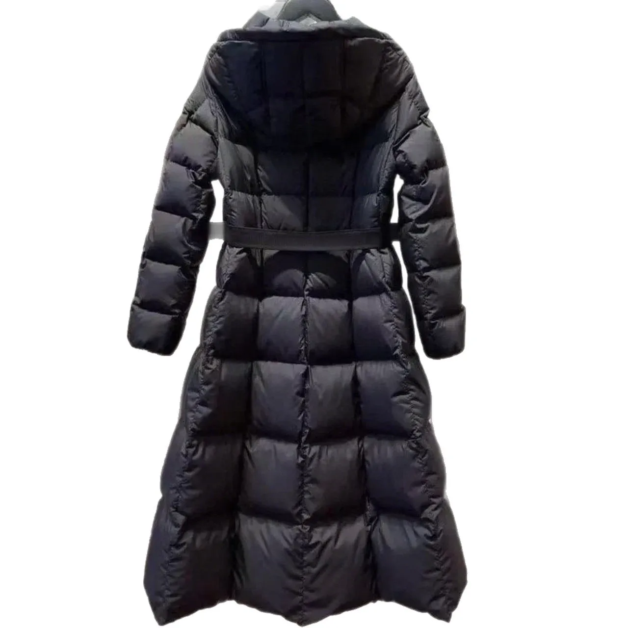 Long casual hooded black white duck down jacket for women, A-line version, medium length 65cm