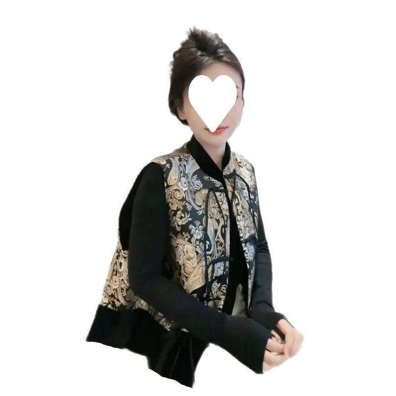 Women's Tang Suit retro vest with plant and flower pattern and button front cardigan style in picture colour