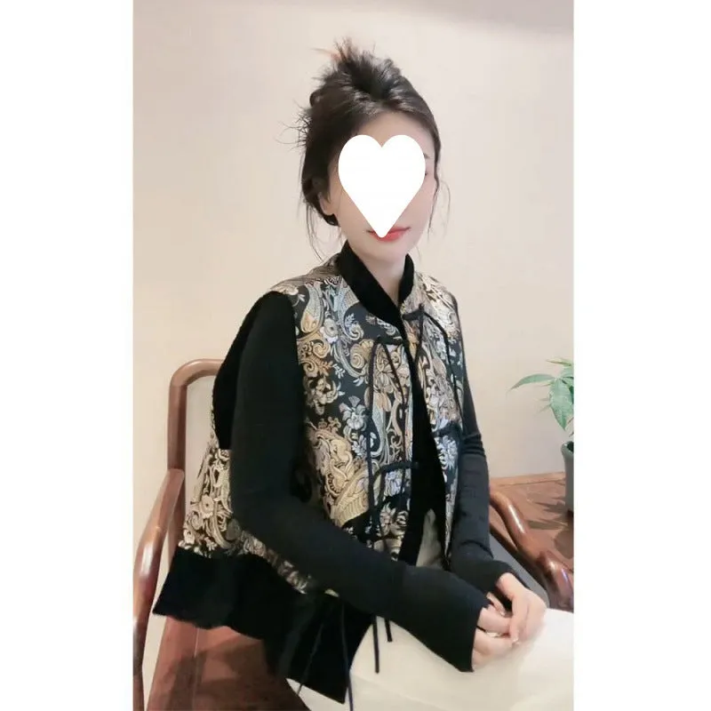Women's Tang Suit retro vest with plant and flower pattern and button front cardigan style in picture colour