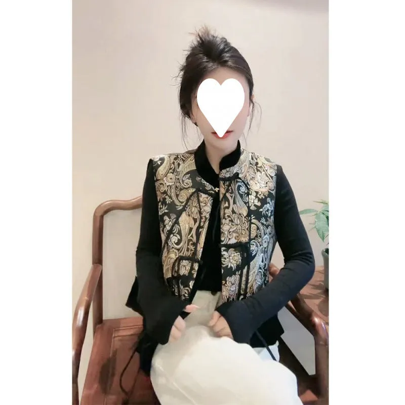 Women's Tang Suit retro vest with plant and flower pattern and button front cardigan style in picture colour