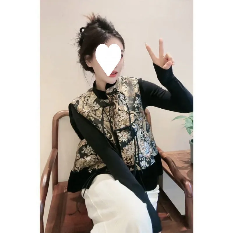 Women's Tang Suit retro vest with plant and flower pattern and button front cardigan style in picture colour
