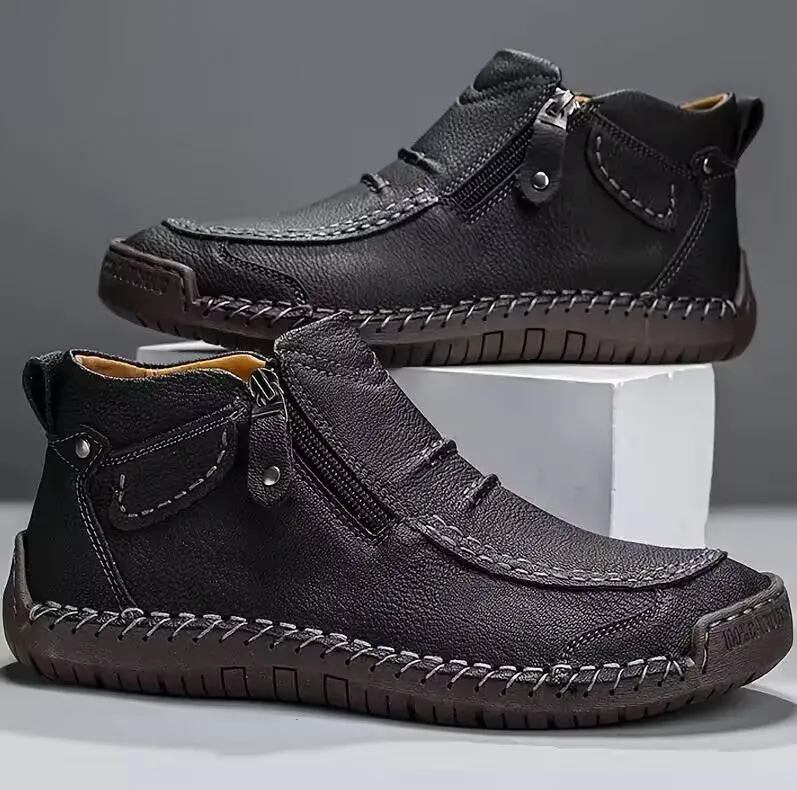 Chelsea plus size men's casual slip-on flat high top shoes in 828 Black with animal pattern and sewing line detail