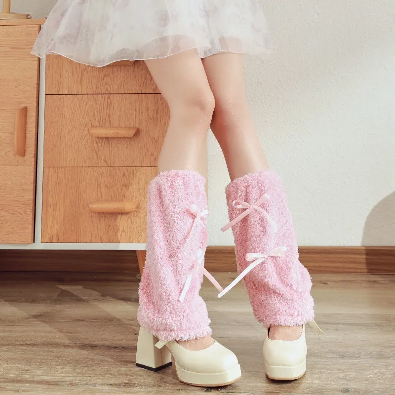 Plush leg warmer in solid colour with decorative bow, autumn winter design for women