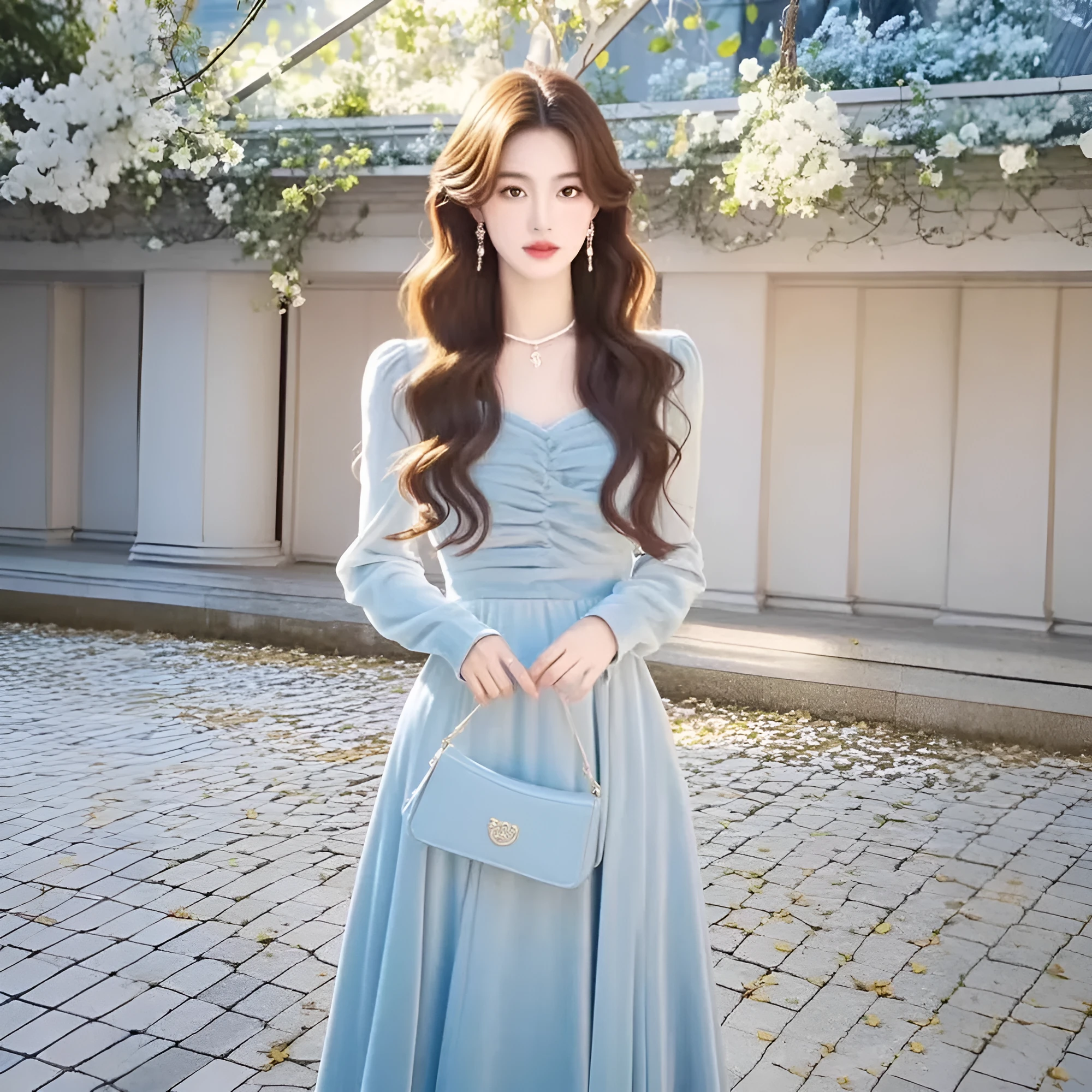 Solid colour fairy dress with mid-waist long sleeves in blue, shown on model