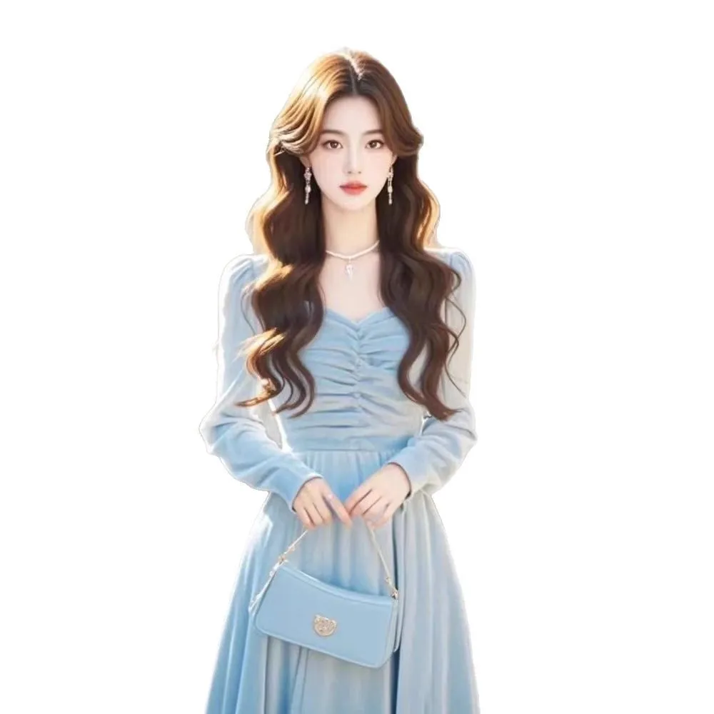 Solid colour fairy dress with mid-waist long sleeves in blue, shown on model