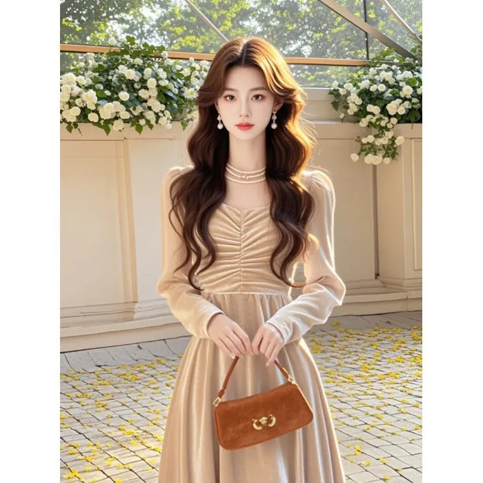 Solid colour fairy dress with mid-waist long sleeves in blue, shown on model