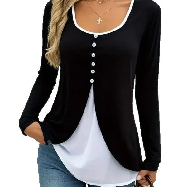 Casual contrast colour women's two-piece long-sleeved T-shirt in slim fit style
