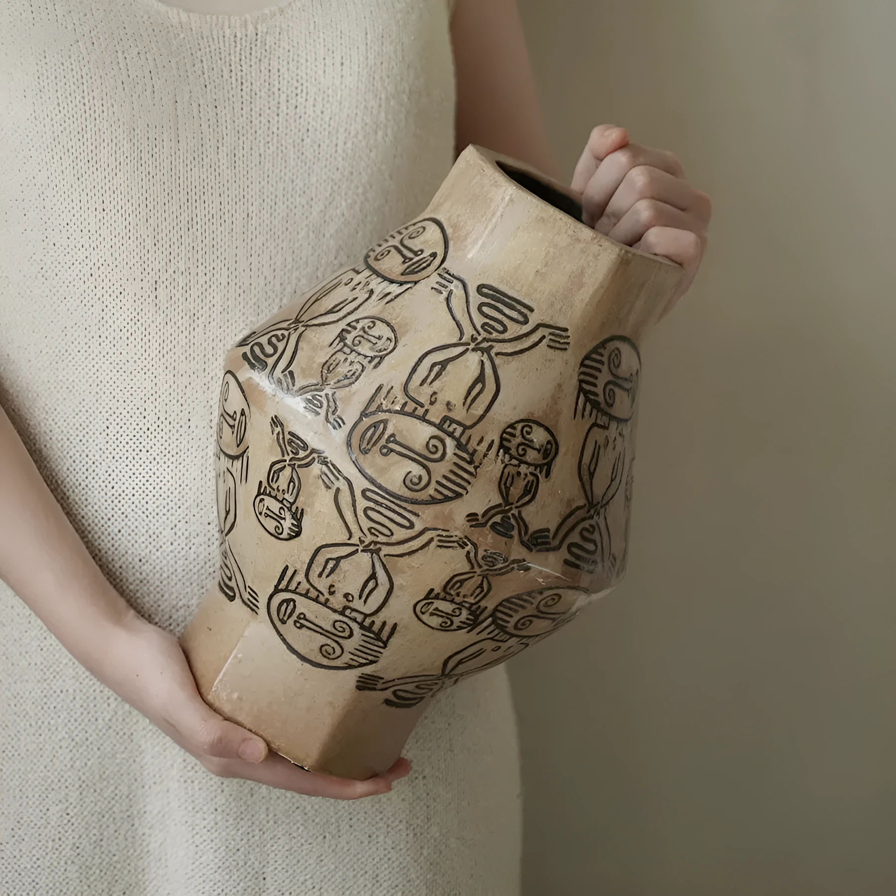 Hand-painted ceramic cylindrical vase with vintage carved art and tribal totem flower design