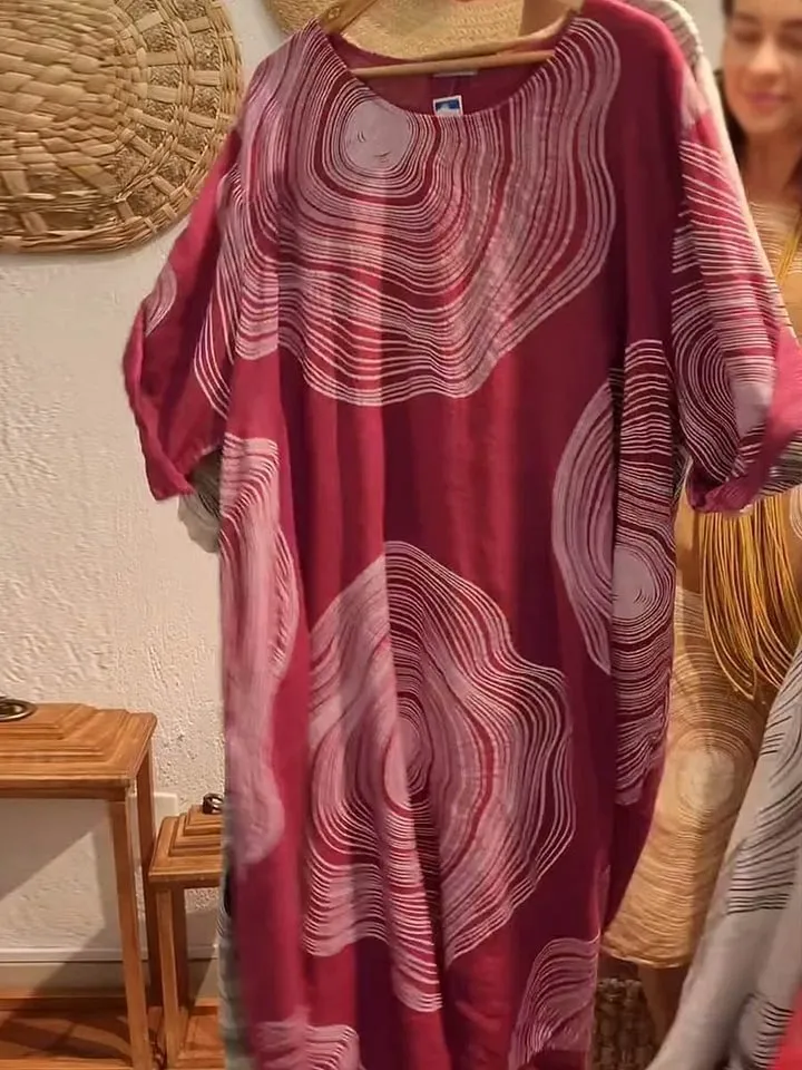 Women's round neck abstract 3D print A-line mid-waist dress in red, size M, front view