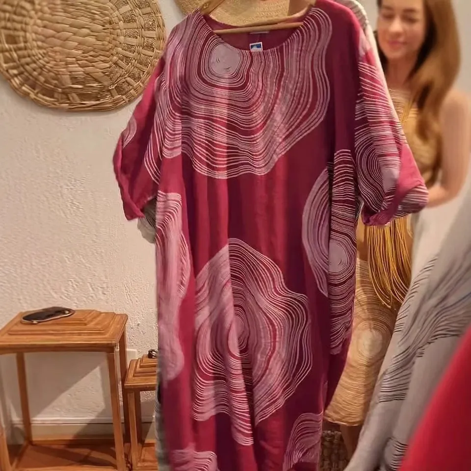Women's round neck abstract 3D print A-line mid-waist dress in red, size M, front view