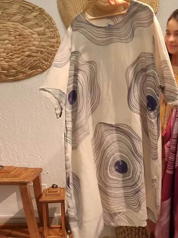 Women's round neck abstract 3D print A-line mid-waist dress in red, size M, front view