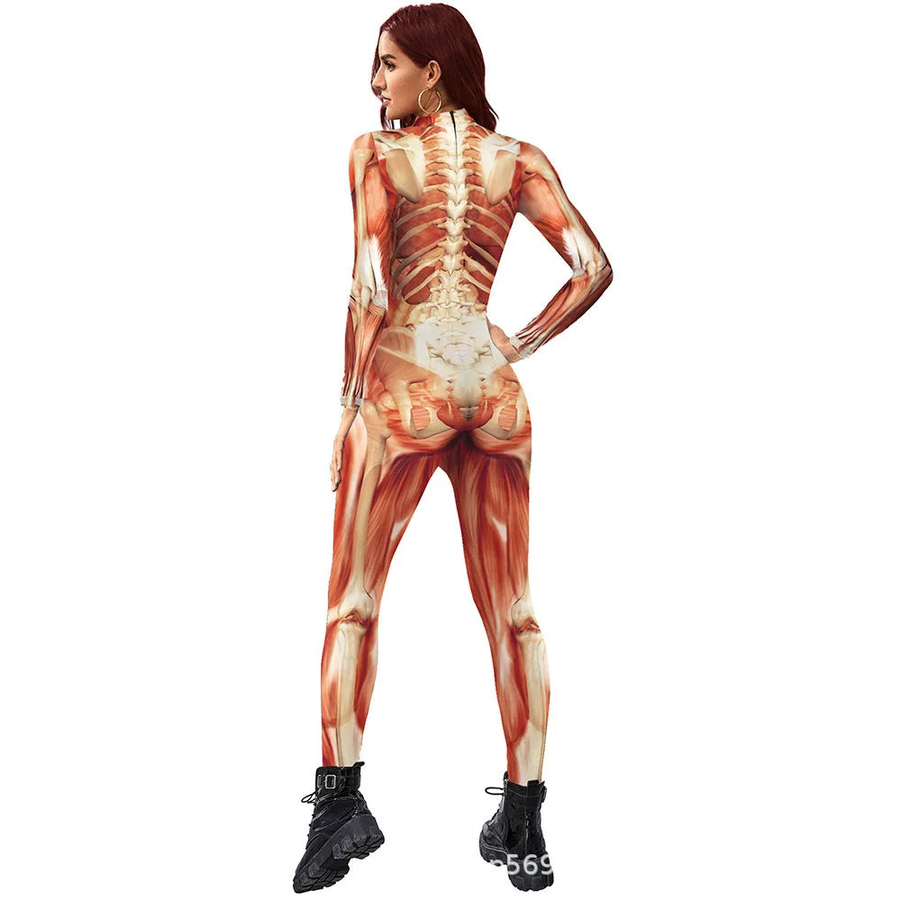 Simulation skeleton one-piece tights in black B142-279 style, showing printed bone design on full body