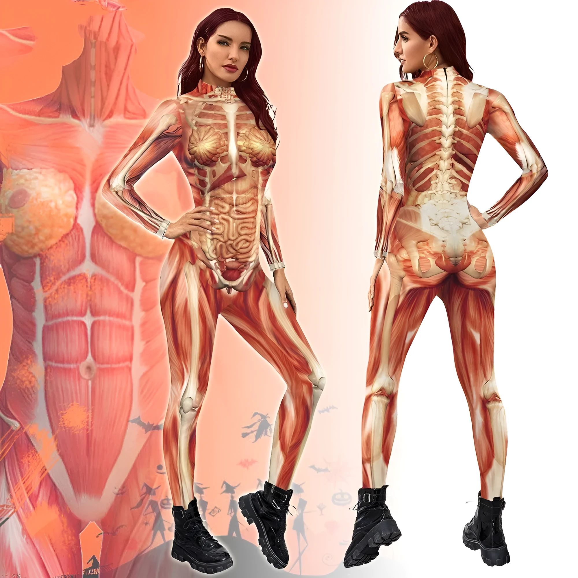 Simulation skeleton one-piece tights in black B142-279 style, showing printed bone design on full body