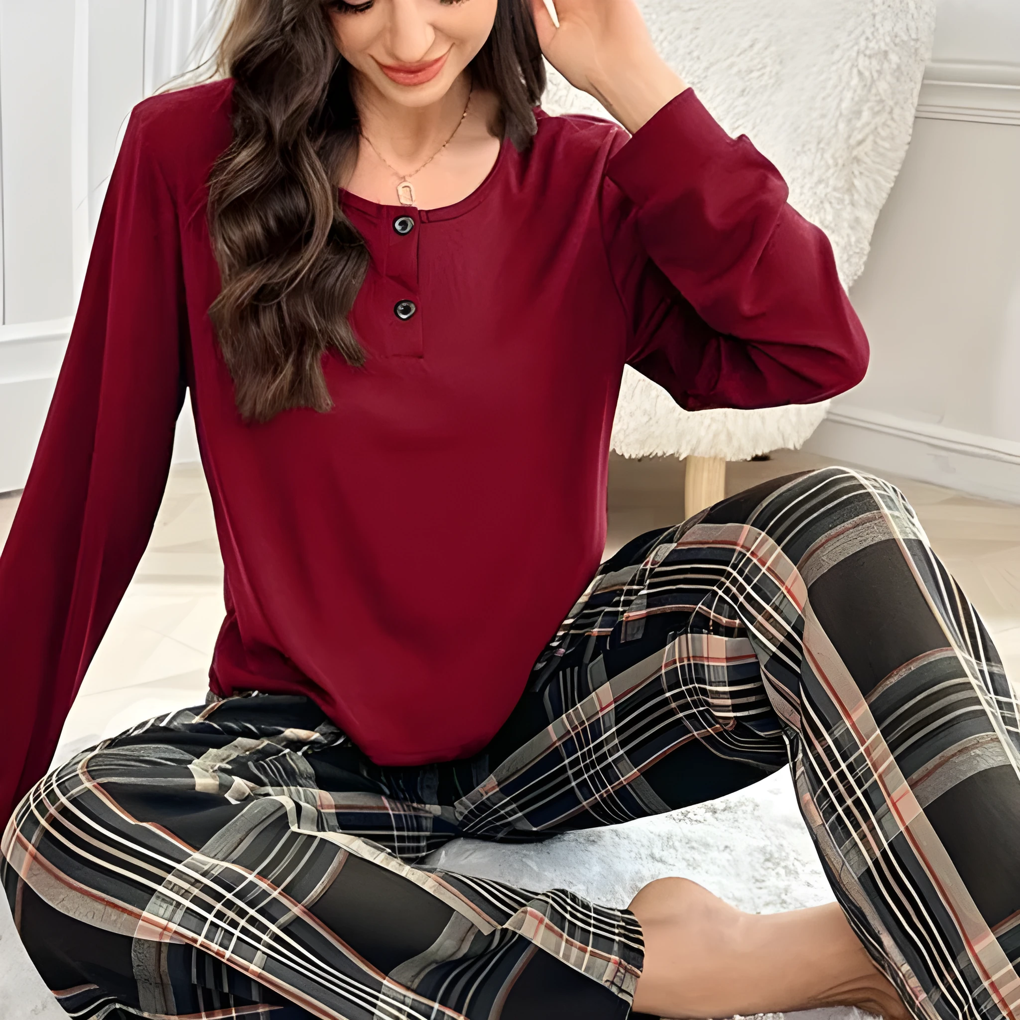 Milk silk plaid button pullover top and trousers set for women in brown and wine red colours