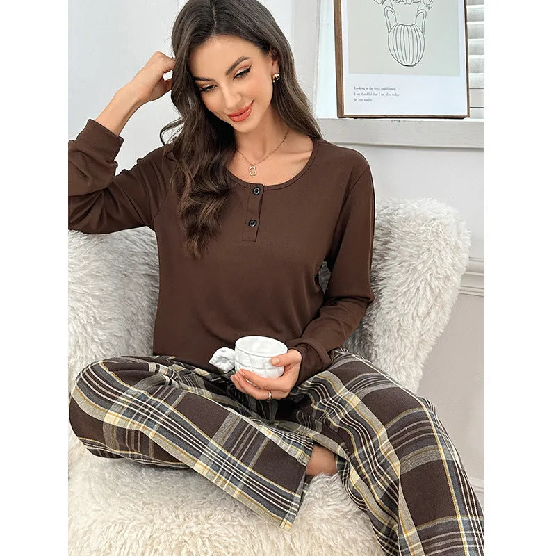 Milk silk plaid button pullover top and trousers set for women in brown and wine red colours