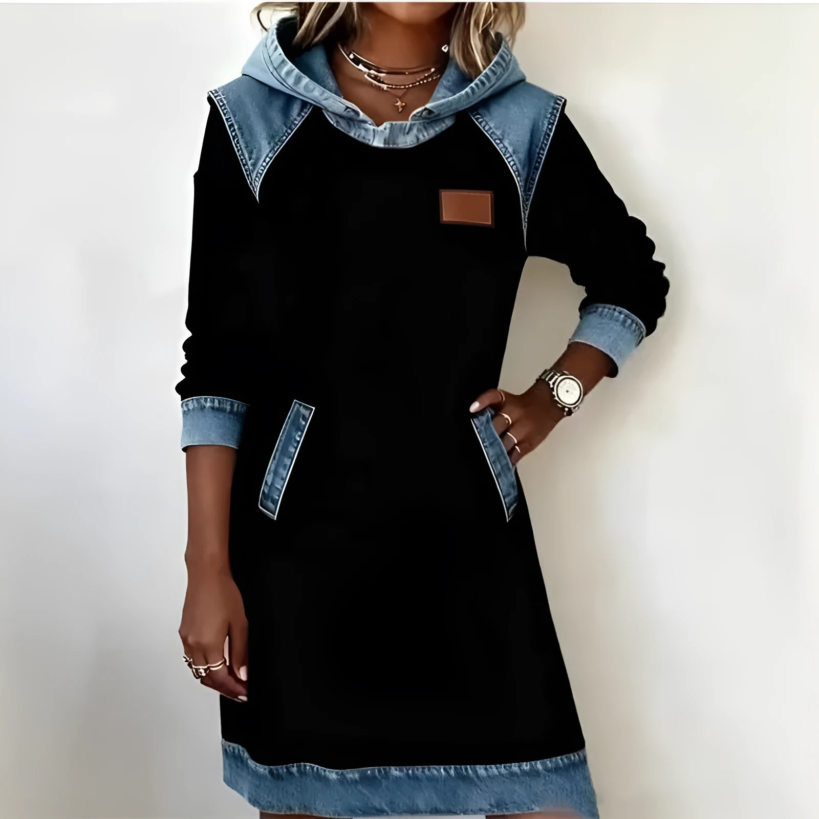 Ladies colour block hoodie skirt with contrast stitching and raglan sleeves in peacock green