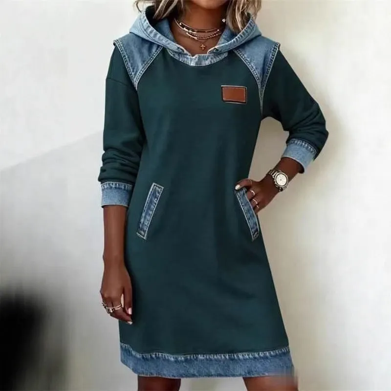 Ladies colour block hoodie skirt with contrast stitching and raglan sleeves in peacock green