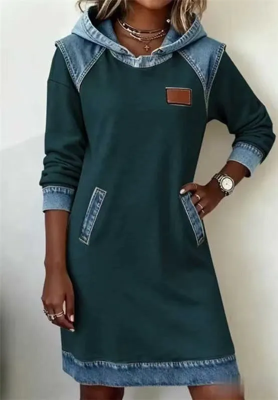 Ladies colour block hoodie skirt with contrast stitching and raglan sleeves in peacock green
