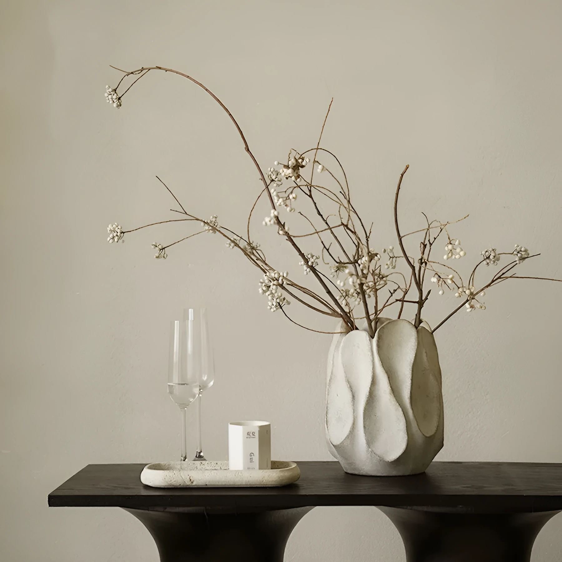 Irregular ceramic vase with artistic form for flower arrangements in magnesium clay construction