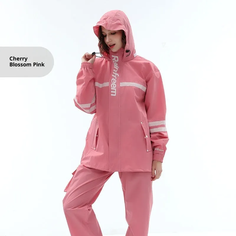 Double-layer riding raincoat and pants set in cherry blossom pink for adults